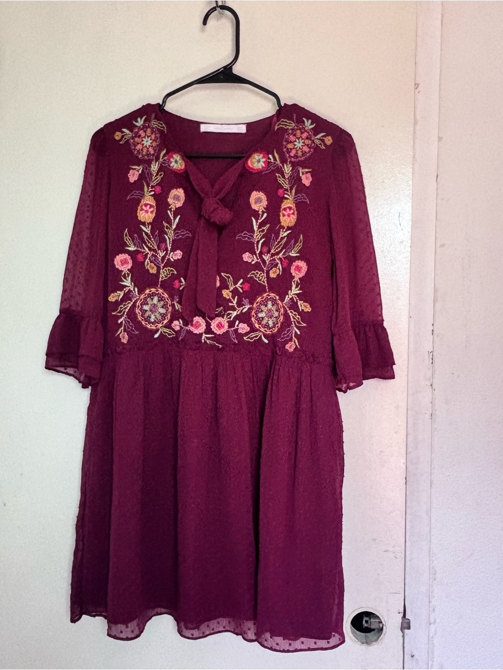 Zara Burgundy Floral-Embroidered Tie-Neck Dress